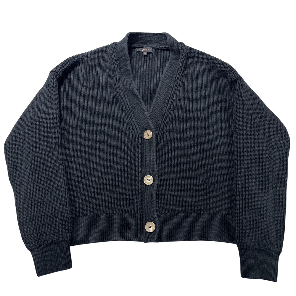 Quince Sweater Cardigan‎ Womens XS Black 100% Organic Cotton V Neck Chunky Knit